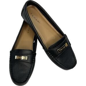 TAHARI Womens 8 Marilu Loafer Black Pebbled Leather Slip On Moccasin Style Flats